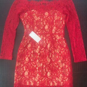 NWT Tobi Sheer Long Sleeve Red Lace Overlay on Nude Shell Dress  Medium